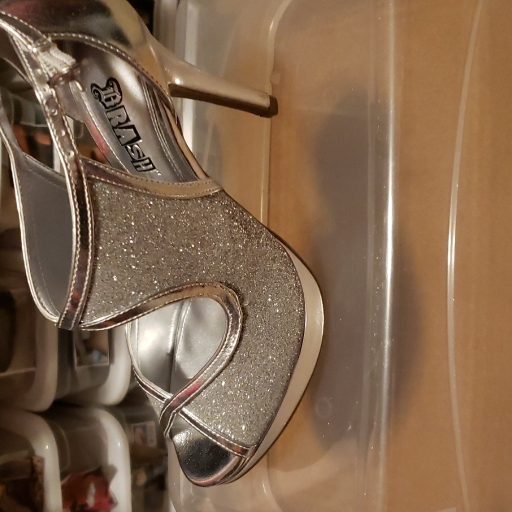 Silver glitter shoes.